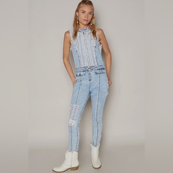 902. NEW POL Vintage Wash Crochet Denim Jumper